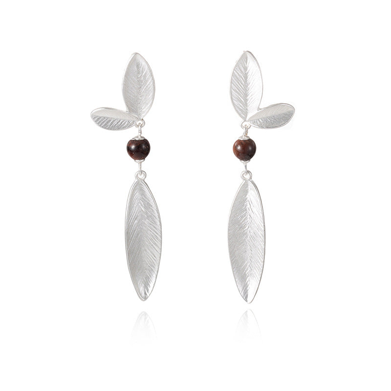 Sterling silver leaf dangle earrings with double leaf tops and dark round bead accents