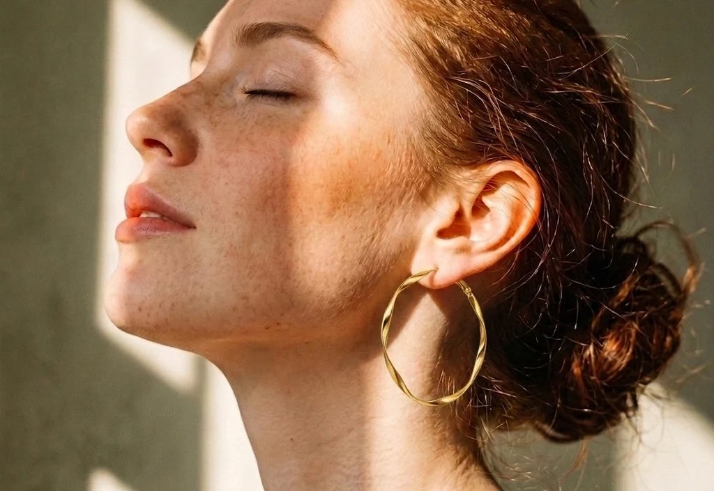 Woman with an elegant updo wearing twisted gold hoop earrings