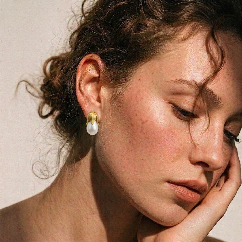 Model wearing gold baroque pearl bud stud earrings with a romantic updo