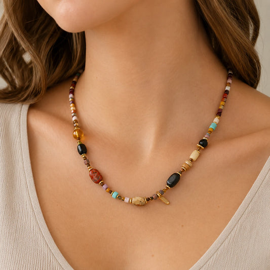 Boho multicolor stone beaded necklace worn as a layering necklace for everyday style