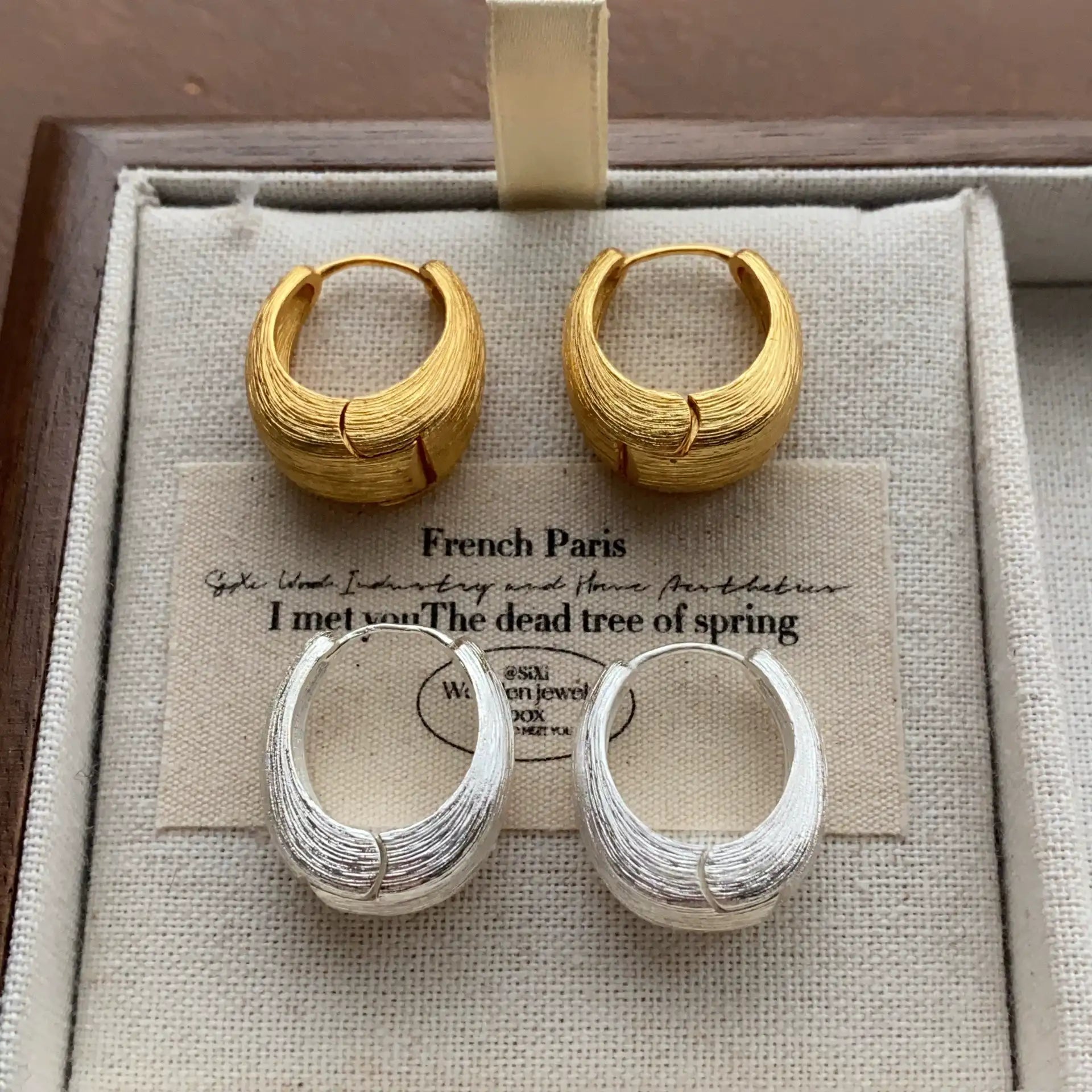 Gold and silver brushed hoop earrings arranged together in a jewelry box.