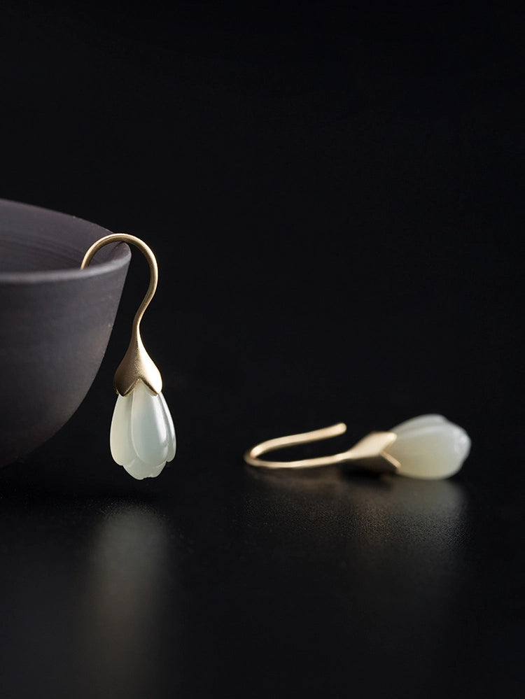 Elegant floral drop earrings with natural nephrite jade and gold plated S925 silver hooks.