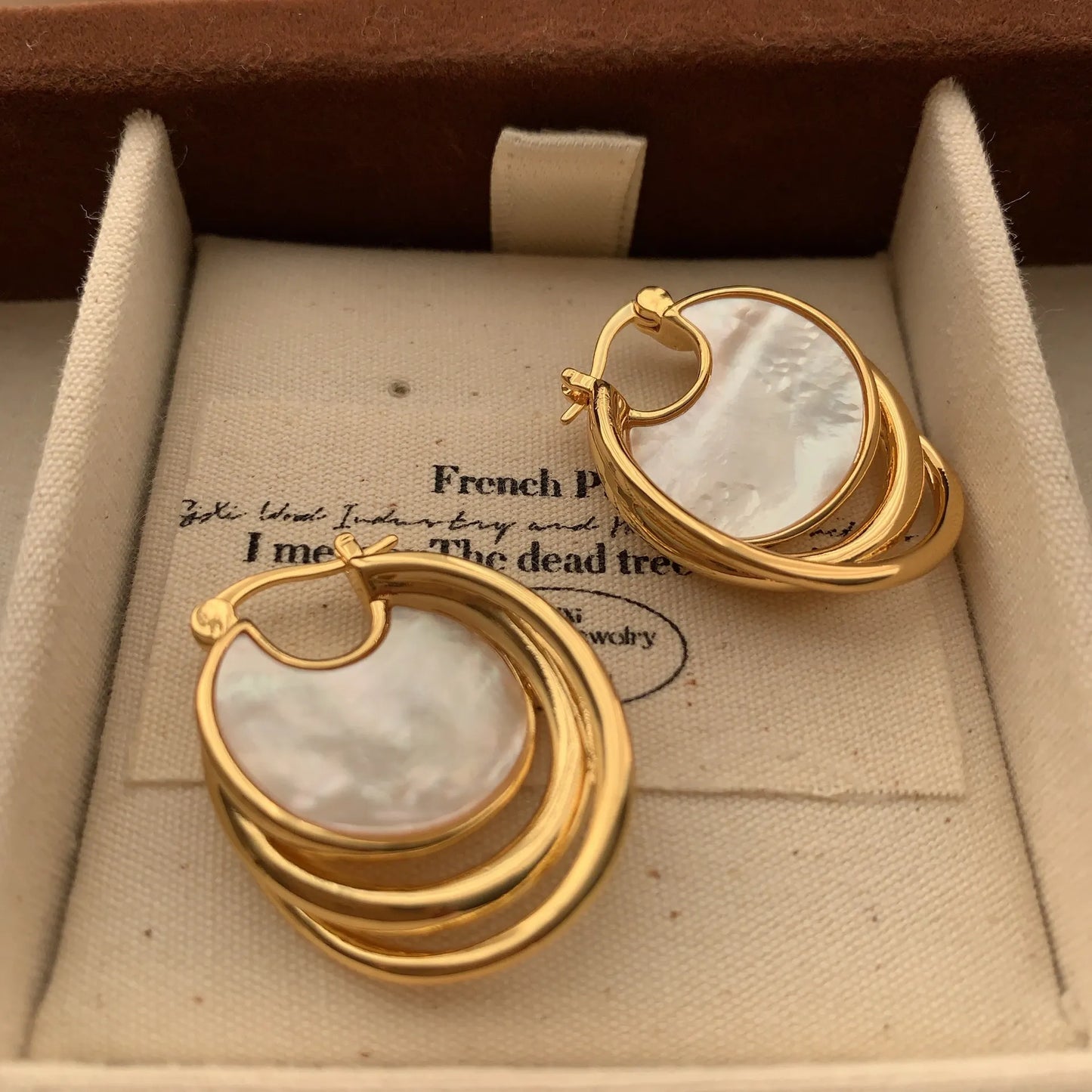 Gold-plated triple hoop earrings with round mother of pearl shell inserts in a jewelry case