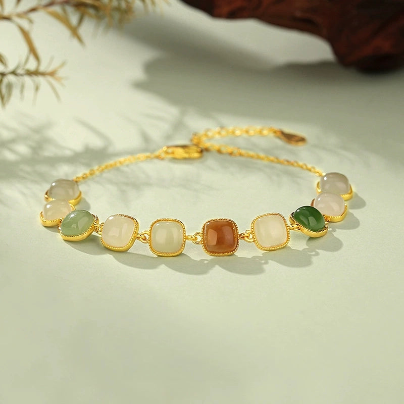 Adjustable S925 Hetian jade bracelet with ivory, green, and amber square jade beads.