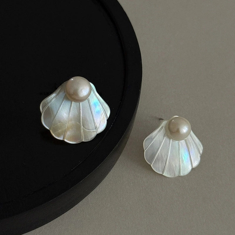  Iridescent scallop shell earrings displayed beside a black jewelry tray on a neutral background.