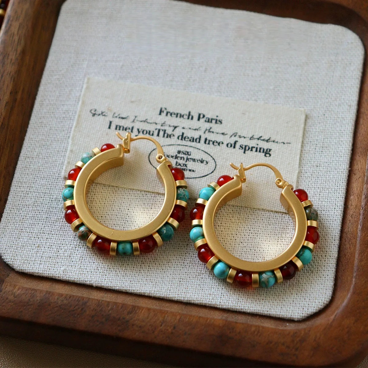 Multicolor round bead hoop earrings with copper frame and bohemian natural stone style