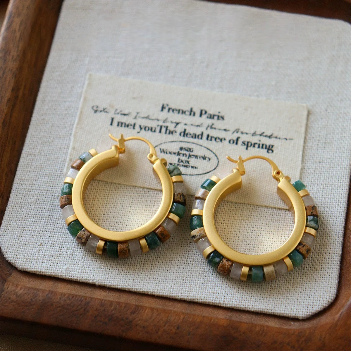 Brown natural stone hoop earrings with gold tone copper and retro bohemian bead details
