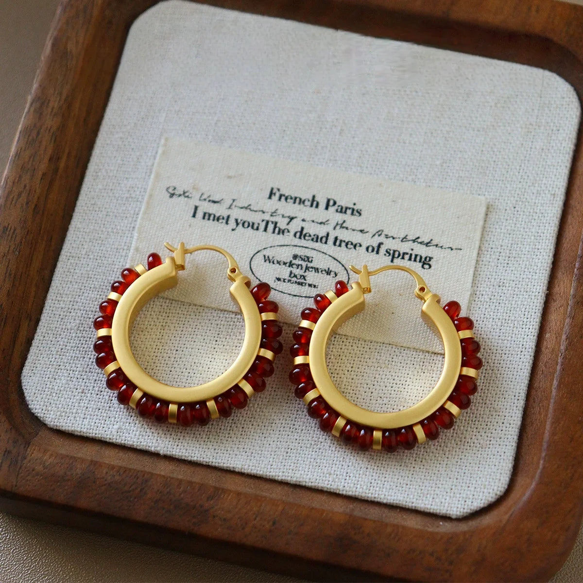 Red agate hoop earrings with copper frame and vintage ethnic natural stone beads