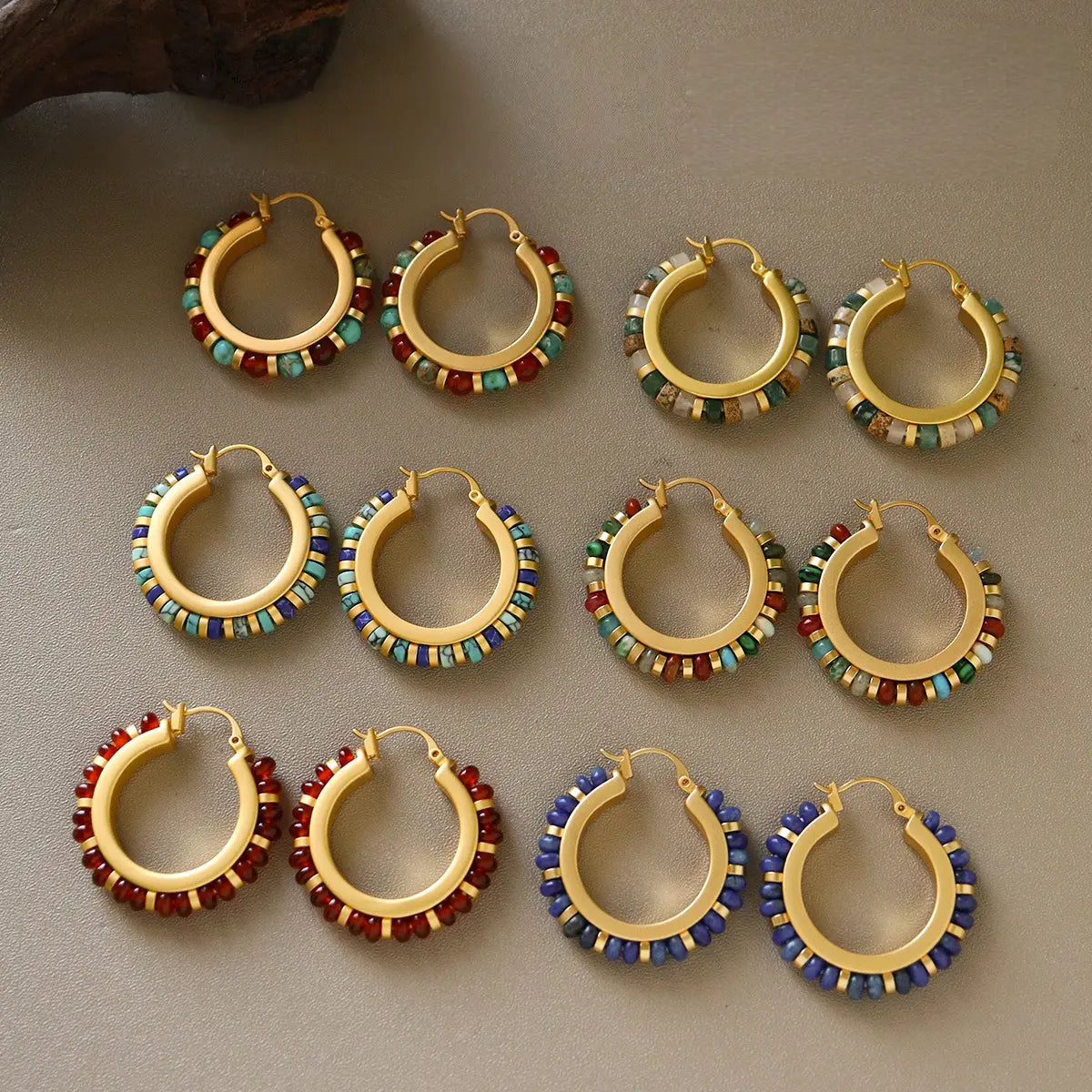 Six styles of natural stone hoop earrings with colorful beads and vintage boho design