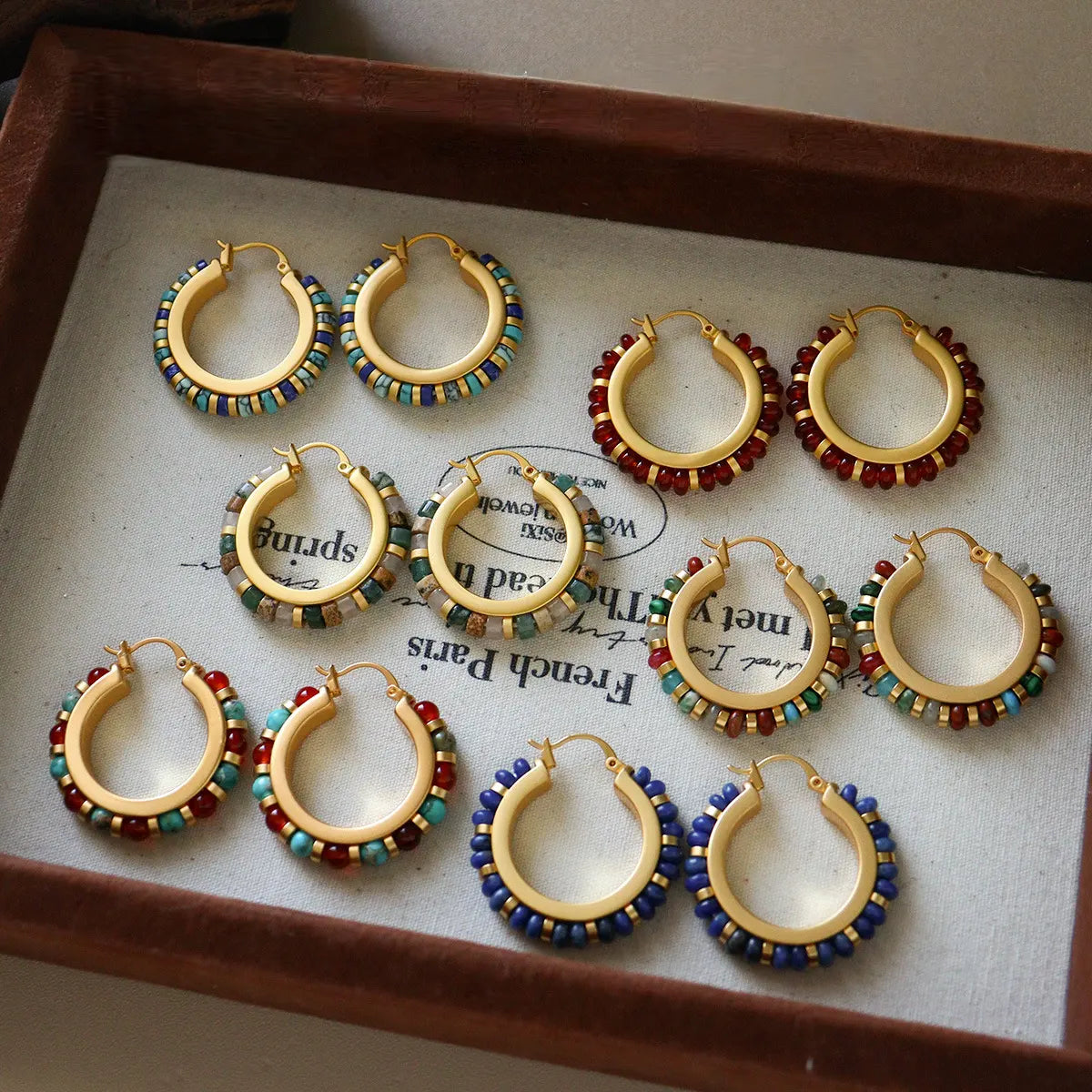 Natural stone beaded hoop earrings collection in turquoise, agate, brown and lapis styles