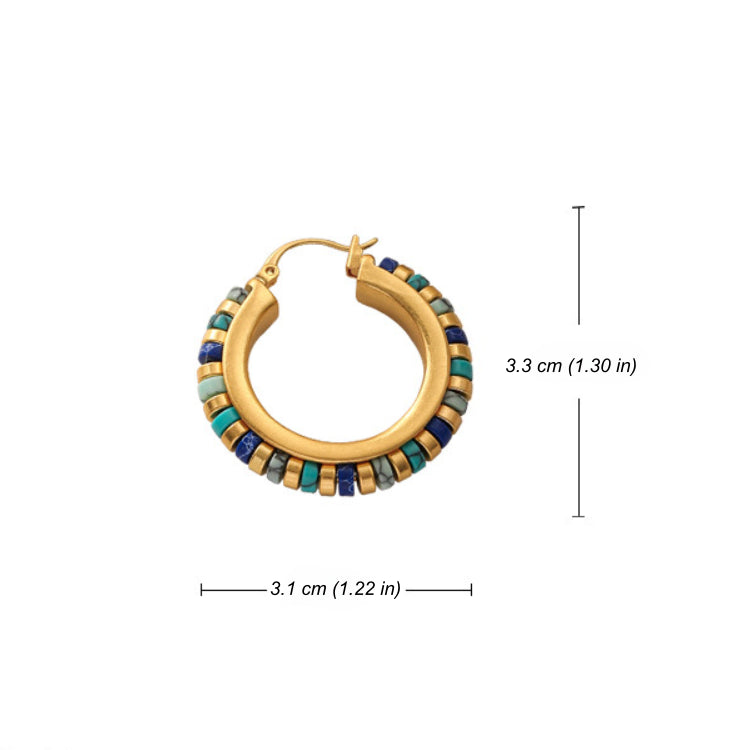 Natural stone hoop earring size chart showing 3.3 cm length and 3.1 cm width