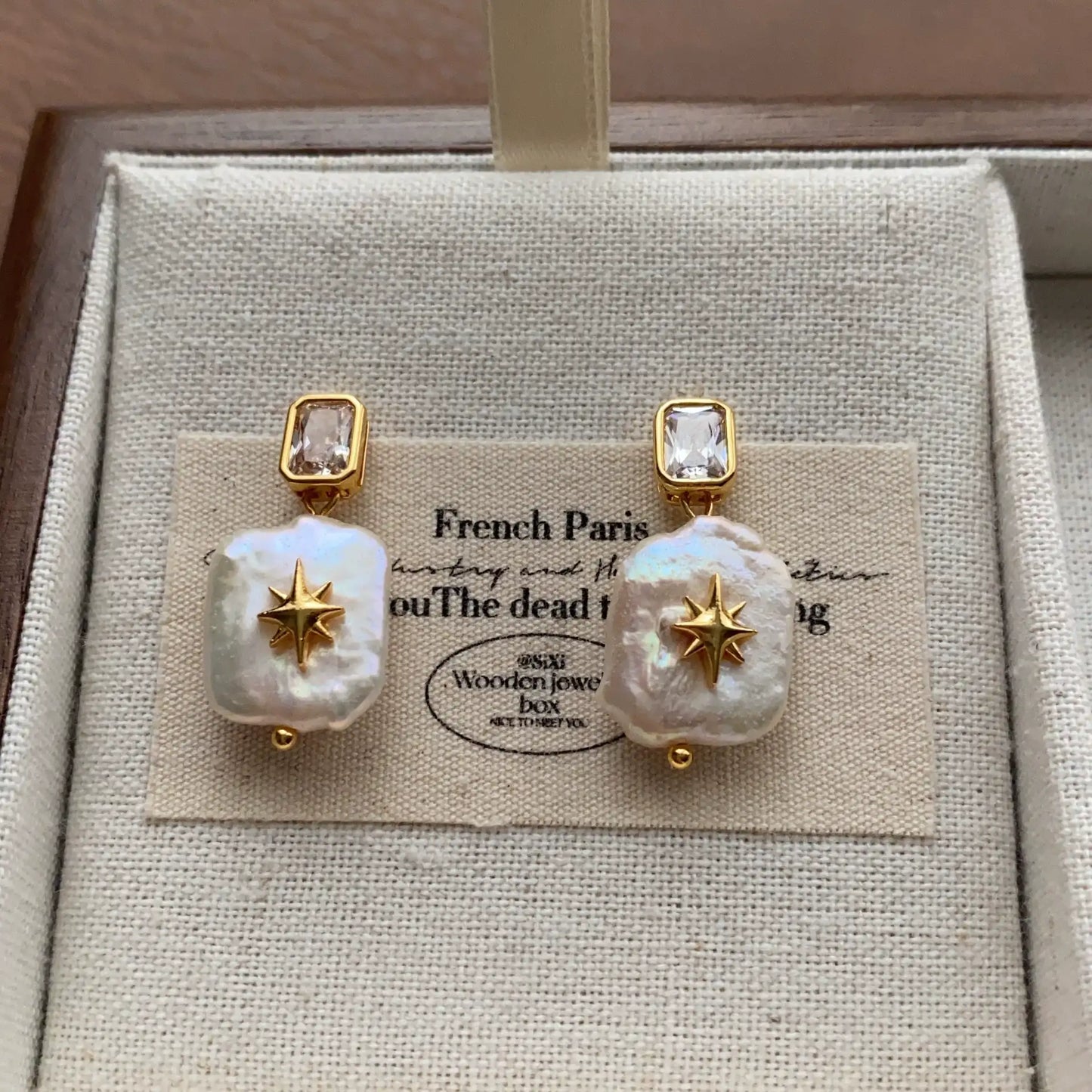 North Star square baroque pearl dangle earrings with crystal studs and gold-plated details