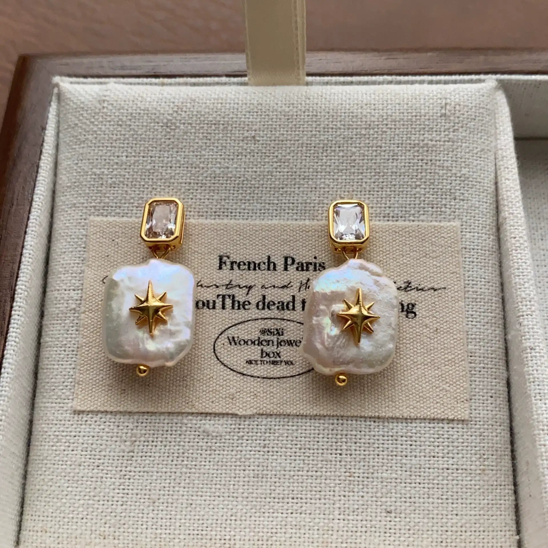 North Star square baroque pearl dangle earrings with crystal studs and gold-plated details