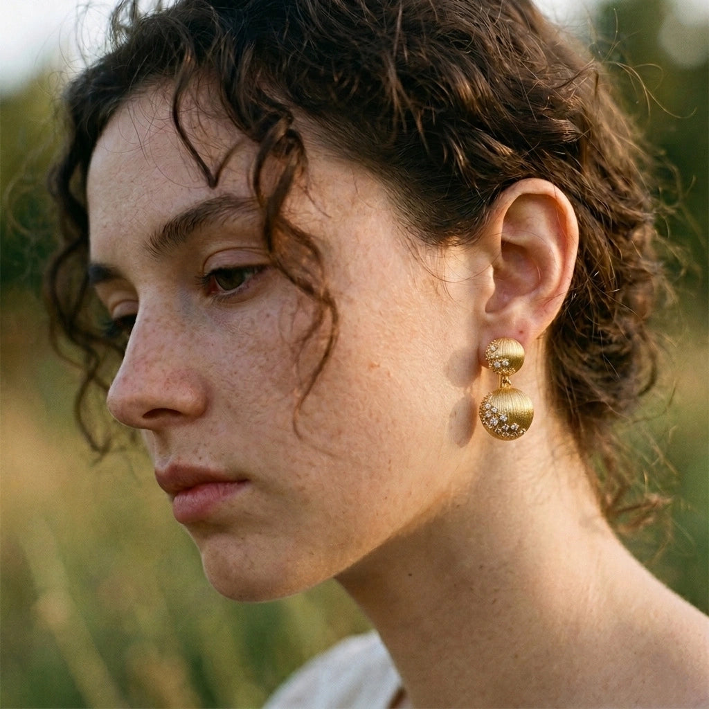 Model wearing gold double sphere drop earrings with a modern vintage look