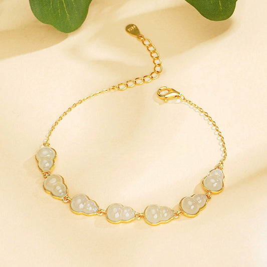 White jade hulu bracelet in S925 silver with adjustable extender chain.